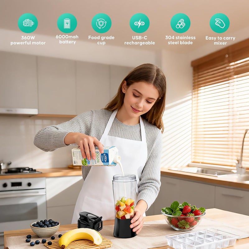 FITECHZY خلاط سموذي محمول، زجاجة خلاط كهربائية بدون سلك، وعاء سعة 24 أونصة، عصارة محمولة قابلة للشحن عبر USB-C، زجاجات خلط بروتين كهربائية مع غطاء مانع للتسرب، مثالية للسموذي والمشروبات المجمدة - Image 2